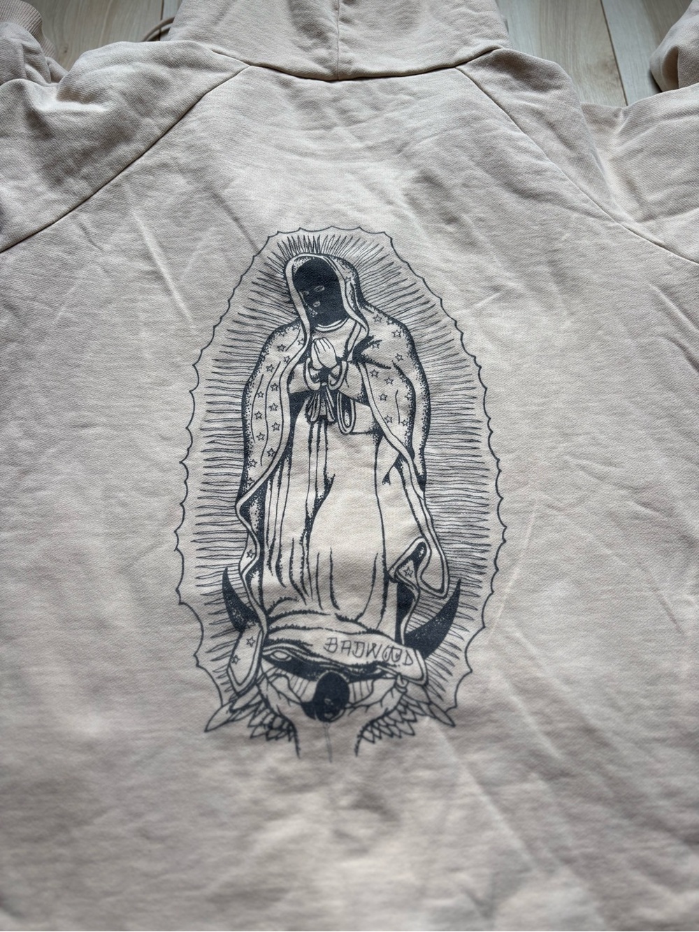 Badwood Women’s Small Graphic Zip Up Hoodie Cream Beige Streetwear Prayer Hands - Picture 9 of 11
